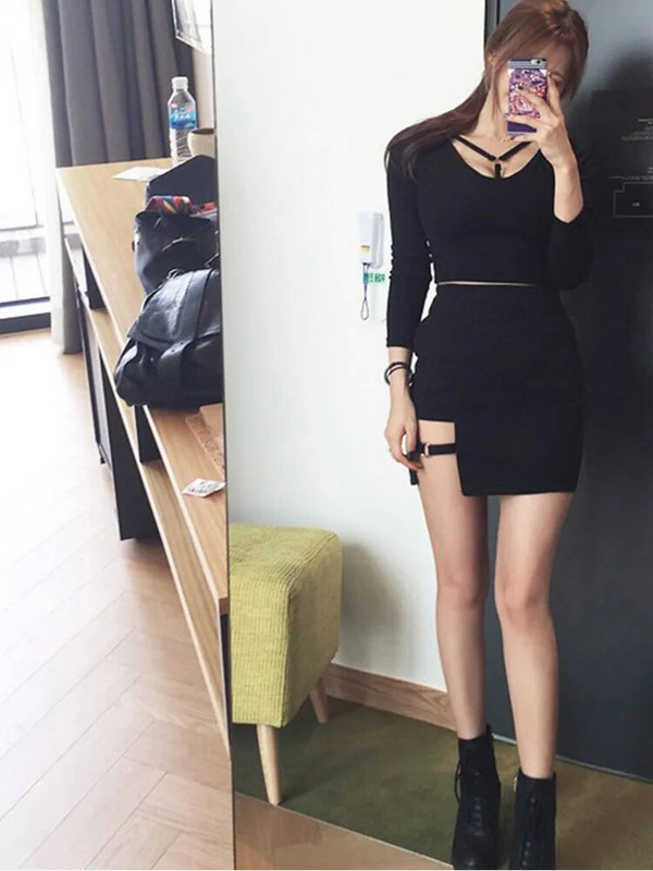 Korėjietiško stiliaus juodi sijonai klubams, netaisyklingo apvado pieštukas, mikro mini sijonas Seksualūs ploni moteriški vakarėlių sijonai