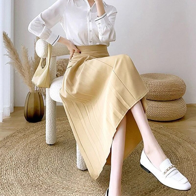 MOUKYUN Vintage elegantna suknja A-kroja Ženske proljetne uredske OL duge suknje visokog struka Korejske modne žute plisirane faldas ženske