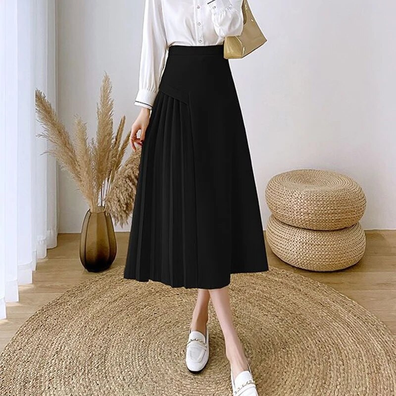 MOUKYUN Vintage elegantna suknja A-kroja Ženske proljetne uredske OL duge suknje visokog struka Korejske modne žute plisirane faldas ženske