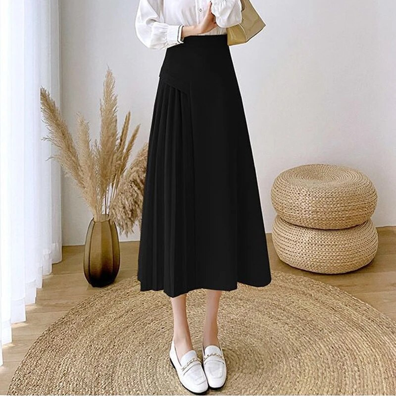 MOUKYUN Vintage elegantna suknja A-kroja Ženske proljetne uredske OL duge suknje visokog struka Korejske modne žute plisirane faldas ženske