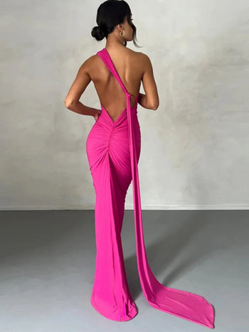 Mozision Oblique Shoulder Maxi Φόρεμα για Γυναικεία Φόρεμα Καλοκαιρινό λουράκι πλάτης Αμάνικο Ruched Party Sexy Long Dress Vestidos