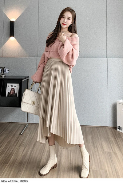 DFRCAEG 2024 őszi, hosszú redőzött szoknya nőknek Szabálytalan, magas elasztikus derékú szoknyák Koreai divatos karcsú Faldas Largas forró akció