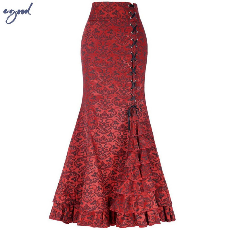 Fusta Midi Y2k pentru femei Victorian Retro cu talie înaltă Fusta elegantă cu temperament Steampunk în stil gotic Fusta coadă de pește haine de petrecere