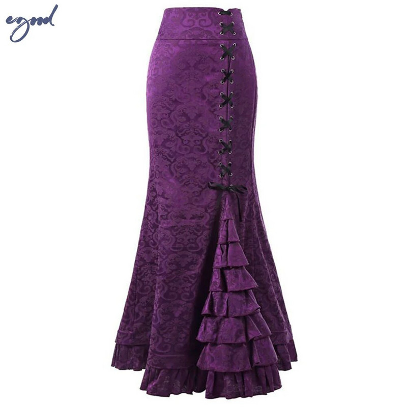 Fusta Midi Y2k pentru femei Victorian Retro cu talie înaltă Fusta elegantă cu temperament Steampunk în stil gotic Fusta coadă de pește haine de petrecere