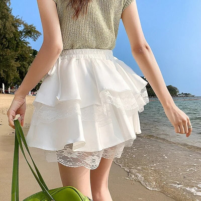 Dámska čipkovaná spájacia sexy mini sukňa Dámska kórejská móda ležérna skladaná sukňa Dievčenská Lolita roztomilá čierna nadýchaná sukňa