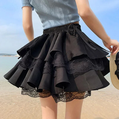 Dámska čipkovaná spájacia sexy mini sukňa Dámska kórejská móda ležérna skladaná sukňa Dievčenská Lolita roztomilá čierna nadýchaná sukňa