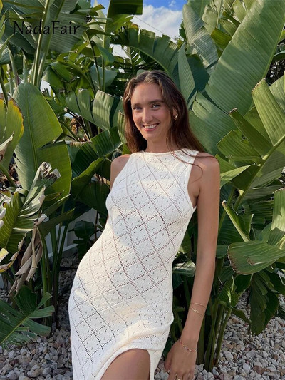 Nadafair Rochie tricotată cu croșetat scobită pentru femei, plajă subțire, fără mâneci, cu decolteu O, sexy, pentru petrecerea de vară, rochii maxi 2023 negru