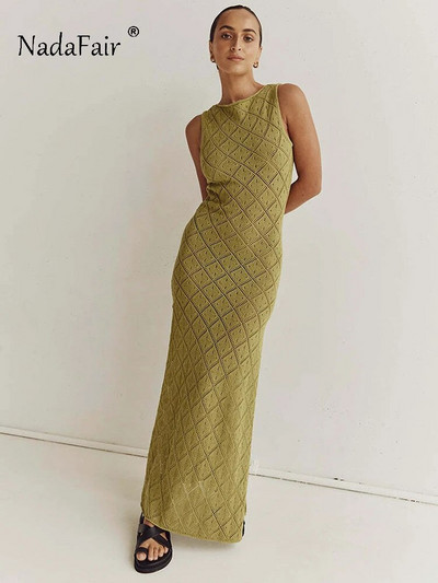 Nadafair Rochie tricotată cu croșetat scobită pentru femei, plajă subțire, fără mâneci, cu decolteu O, sexy, pentru petrecerea de vară, rochii maxi 2023 negru