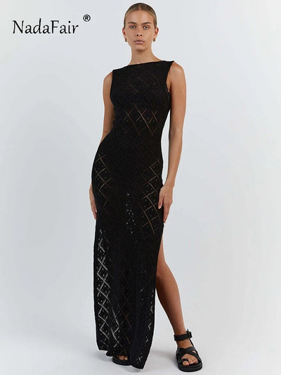 Nadafair Rochie tricotată cu croșetat scobită pentru femei, plajă subțire, fără mâneci, cu decolteu O, sexy, pentru petrecerea de vară, rochii maxi 2023 negru