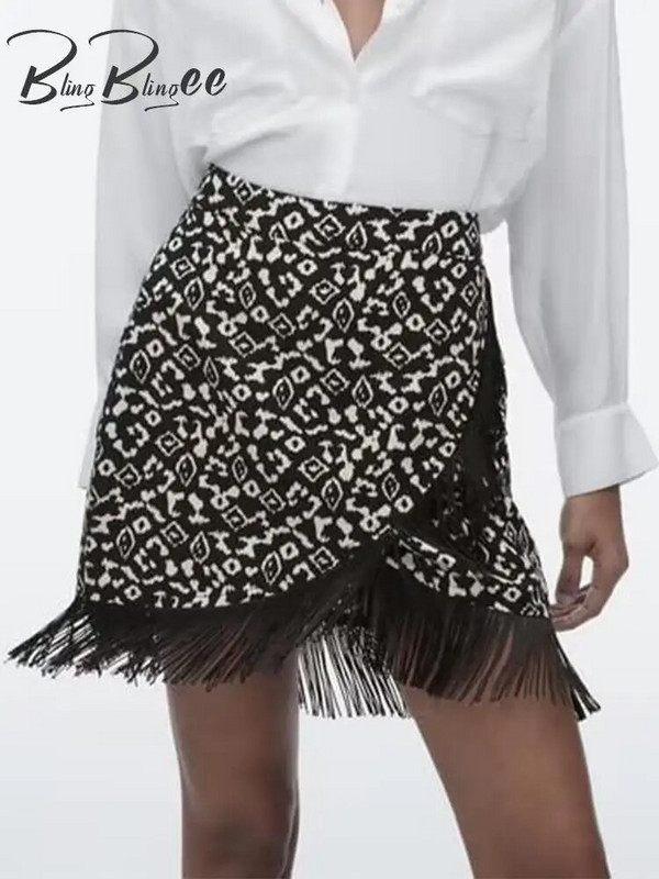 BlingBlingee kevadkerge naiste trükitud seelik Traf kõrge vöökoha tõmblukuga küljel Vintage asümmeetrilised tutid Hem naiste miniseelik