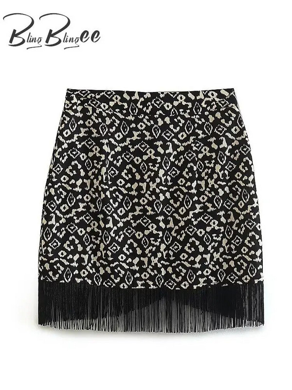 BlingBlingee kevadkerge naiste trükitud seelik Traf kõrge vöökoha tõmblukuga küljel Vintage asümmeetrilised tutid Hem naiste miniseelik