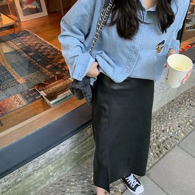 Xpqbb Fuste lungi din PU, cafea, elegante, femei, temperament coreean, fustă din piele cu talie înaltă, fuste midi, la modă, la birou.