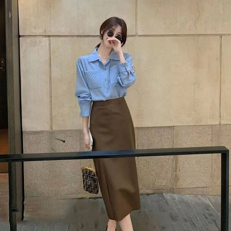 Xpqbb Fuste lungi din PU, cafea, elegante, femei, temperament coreean, fustă din piele cu talie înaltă, fuste midi, la modă, la birou.