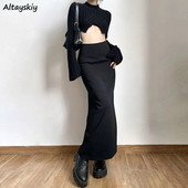 Μαύρες μακριές φούστες Γυναικείες Cool Personality Pure Chic με σχισμή στην πλάτη Σχεδιασμένο ψηλόμεσο Κομψό Γραφείο Lady Κορεατικά ρούχα με ρούχα