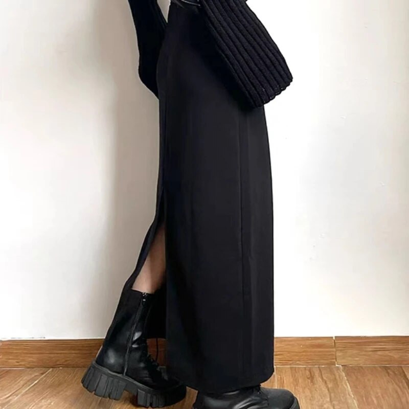 Μαύρες μακριές φούστες Γυναικείες Cool Personality Pure Chic με σχισμή στην πλάτη Σχεδιασμένο ψηλόμεσο Κομψό Γραφείο Lady Κορεατικά ρούχα με ρούχα