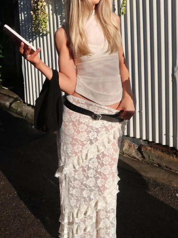 Μόδα δαντέλα Γυναικείες φούστες 2024 Ψηλόμεση βολάν Διαφανές μακρύ φόρεμα High Street Κομψή γυναικεία μαύρη λευκή φούστα για πάρτι