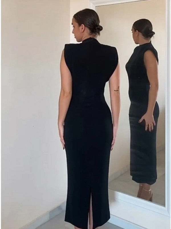 Rochie midi fără mâneci, neagră, elegantă, cu decolteu în formă de O, pentru femei, cu linie A, cu talie înaltă, bodycon, rochii elegante, haine de petrecere de stradă