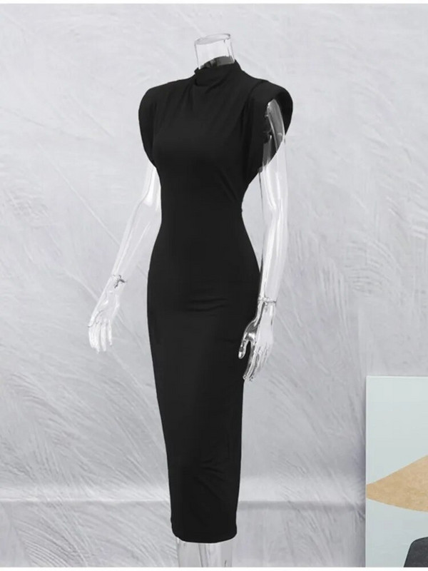 Rochie midi fără mâneci, neagră, elegantă, cu decolteu în formă de O, pentru femei, cu linie A, cu talie înaltă, bodycon, rochii elegante, haine de petrecere de stradă