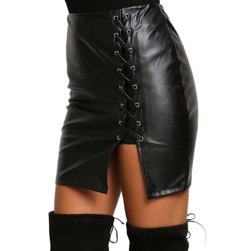 Fuste negre din piele PU cu șireturi Toamnă, primăvară, femei, fuste creion, cu despărțire laterală, fustă mini vintage cu talie înaltă