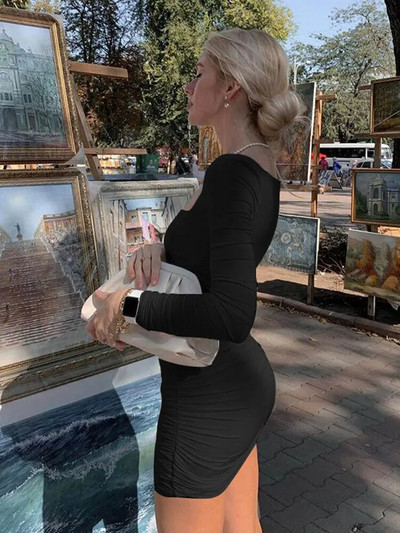 uched Jednobojna ženska mini haljina dugih rukava Bodycon Seksi party Elegantna ulična odjeća 2023 Jesen Zima Klub Bijela odjeća