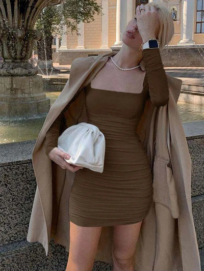 uched Jednobojna ženska mini haljina dugih rukava Bodycon Seksi party Elegantna ulična odjeća 2023 Jesen Zima Klub Bijela odjeća