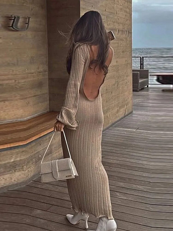 Γυναικείο Κομψό Γυναικείο Πλεκτό Μακρύ Φόρεμα Σέξι με στρογγυλή λαιμόκοψη με φαρδύ μανίκι εξώπλατο καλοκαιρινό Lady Beach Party Κομψά Vestidos