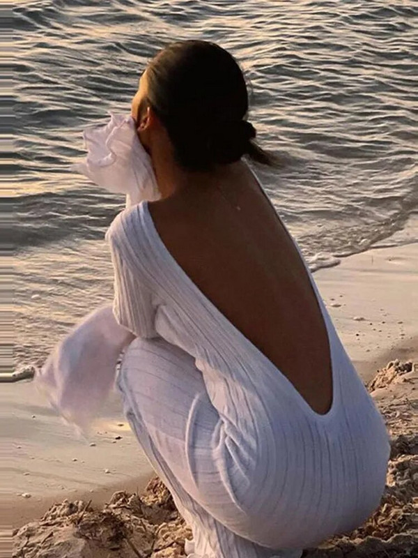 Γυναικείο Κομψό Γυναικείο Πλεκτό Μακρύ Φόρεμα Σέξι με στρογγυλή λαιμόκοψη με φαρδύ μανίκι εξώπλατο καλοκαιρινό Lady Beach Party Κομψά Vestidos