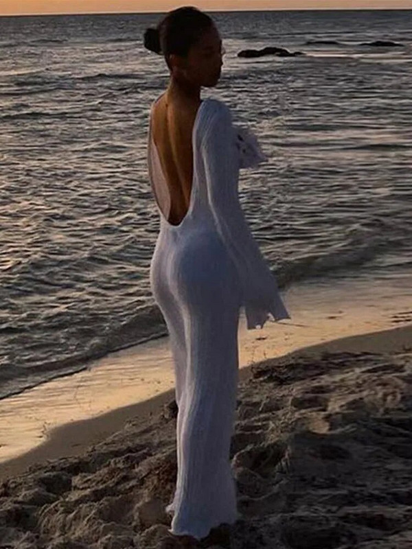 Γυναικείο Κομψό Γυναικείο Πλεκτό Μακρύ Φόρεμα Σέξι με στρογγυλή λαιμόκοψη με φαρδύ μανίκι εξώπλατο καλοκαιρινό Lady Beach Party Κομψά Vestidos