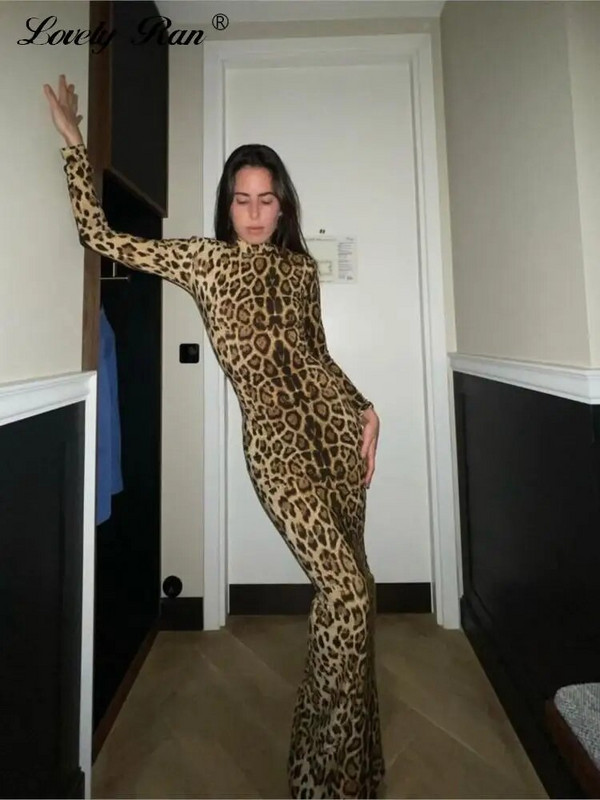Seksi ženska haljina s leopard uzorkom, dugih rukava, dugih rukava i O-izreza, maksi ženske haljine za proljeće 2024., ljetne modne ženske haljine