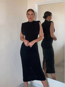 Rochie midi neagră elegantă, cu gât rotund, pentru femei, sexy, fără mâneci, elastice, bodycon, rochii elegante de club de petrecere pentru femei, îmbrăcăminte de stradă