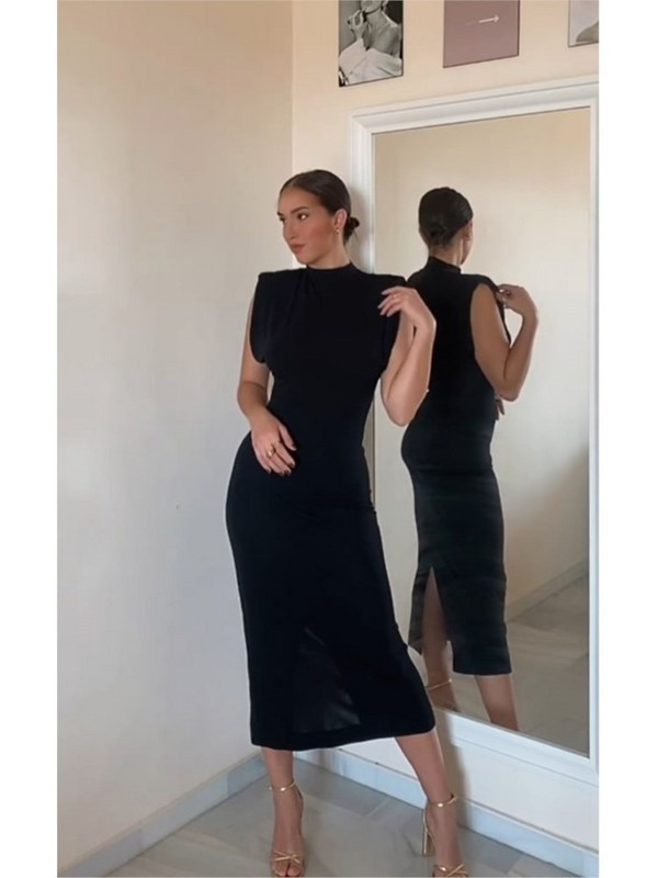 Rochie midi neagră elegantă, cu gât rotund, pentru femei, sexy, fără mâneci, elastice, bodycon, rochii elegante de club de petrecere pentru femei, îmbrăcăminte de stradă