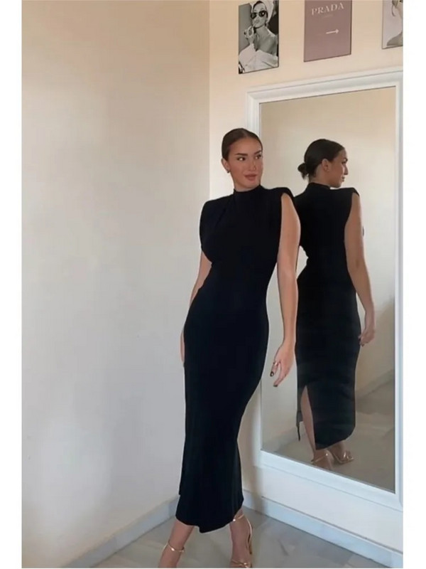 Rochie midi neagră elegantă, cu gât rotund, pentru femei, sexy, fără mâneci, elastice, bodycon, rochii elegante de club de petrecere pentru femei, îmbrăcăminte de stradă