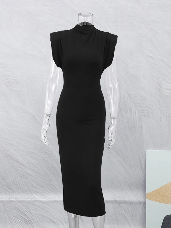 Rochie midi neagră elegantă, cu gât rotund, pentru femei, sexy, fără mâneci, elastice, bodycon, rochii elegante de club de petrecere pentru femei, îmbrăcăminte de stradă