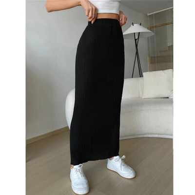 Dámske pletené dlhé sukne, jeseň/zima, kórejská móda, áčkový strih, ležérne, denné, jednoduché, univerzálne, dámske, rovné, s bokmi, zavinovacia sukňa