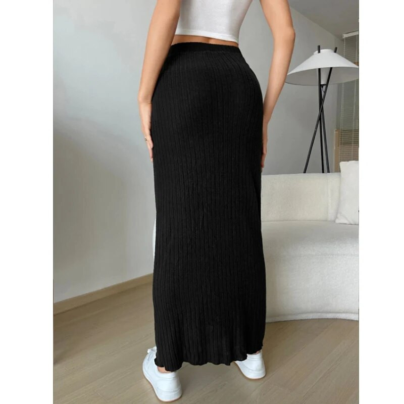 Dámske pletené dlhé sukne, jeseň/zima, kórejská móda, áčkový strih, ležérne, denné, jednoduché, univerzálne, dámske, rovné, s bokmi, zavinovacia sukňa