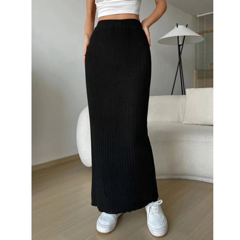 Dámske pletené dlhé sukne, jeseň/zima, kórejská móda, áčkový strih, ležérne, denné, jednoduché, univerzálne, dámske, rovné, s bokmi, zavinovacia sukňa