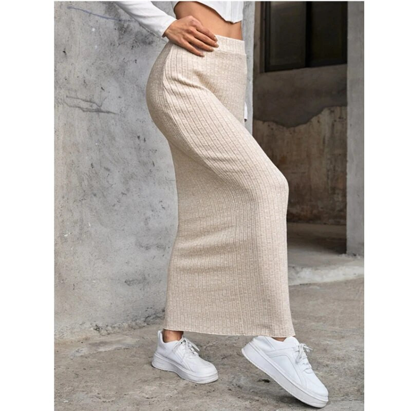 Dámske pletené dlhé sukne, jeseň/zima, kórejská móda, áčkový strih, ležérne, denné, jednoduché, univerzálne, dámske, rovné, s bokmi, zavinovacia sukňa