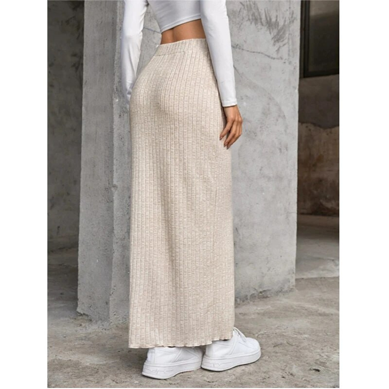 Dámske pletené dlhé sukne, jeseň/zima, kórejská móda, áčkový strih, ležérne, denné, jednoduché, univerzálne, dámske, rovné, s bokmi, zavinovacia sukňa