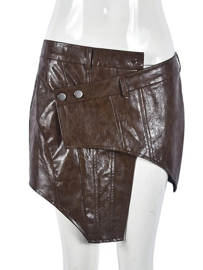 DEAT Modna ženska polusuknja od PU kože s asimetričnim gumbima Smeđa minica niskog struka na bokove Proljeće 2024. Nova plima 7AB2954