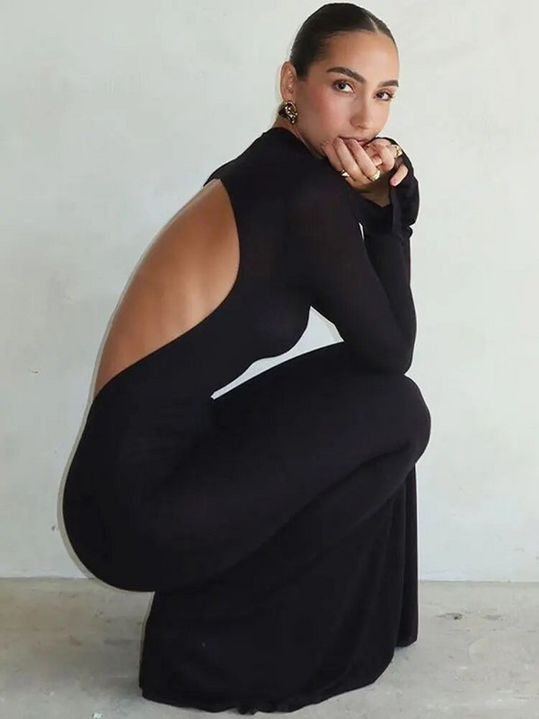 Rochie maxi neagră elegantă, scobită în spate, pentru femei, cu guler înalt, cu mâneci lungi, rochii bodycon, rochii de seară pentru banchet