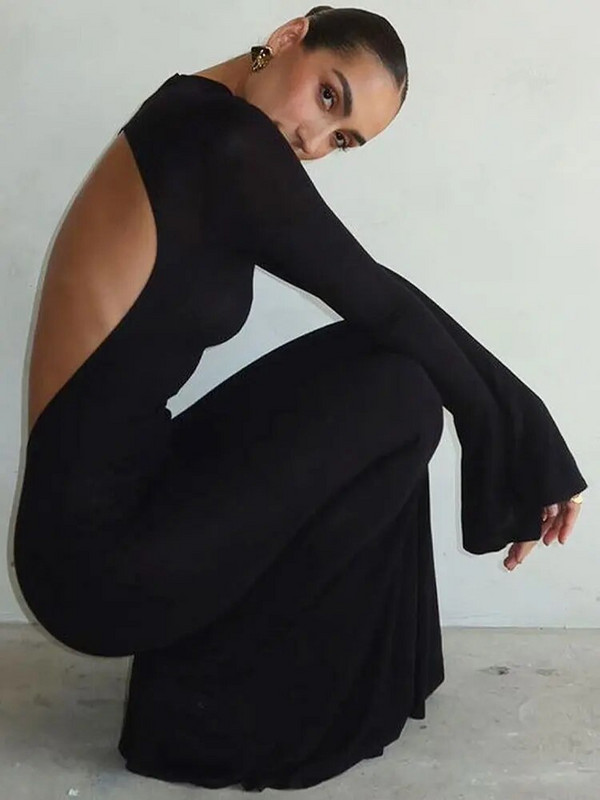 Rochie maxi neagră elegantă, scobită în spate, pentru femei, cu guler înalt, cu mâneci lungi, rochii bodycon, rochii de seară pentru banchet