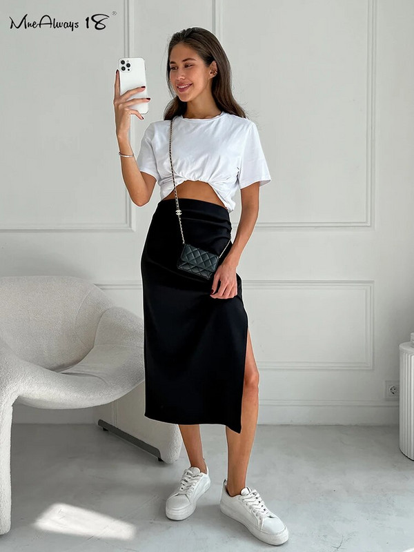 Mnealways18 Ružičasto elegantne ženske podijeljene suknje visokog struka Ljetne ravne crne suknje s naborima Ležerne uredske midi suknje 2024.