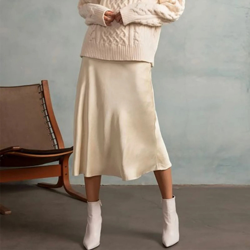 2022 női sifon selyem szoknya, divatos női midi szoknya, magas derekú, egyszínű szatén ruha cipzáras elegáns női nyári szoknyák