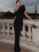 Rochie de petrecere pentru femei, sexy, cu un umăr, cu pene, 2023, clasic, negru, șold, rochie maxi bodycon, rochie de seară de club elegantă pentru femei