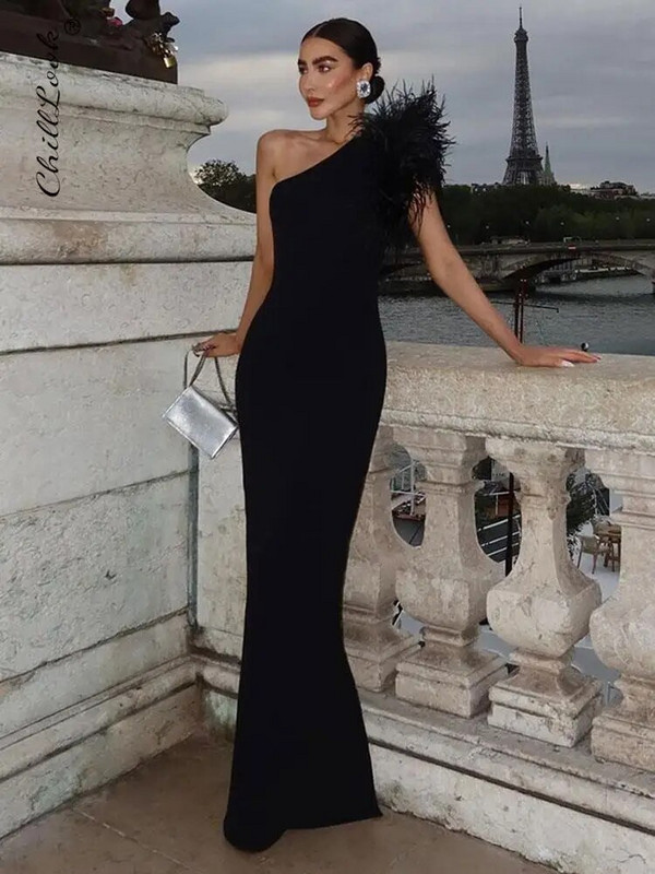 Rochie de petrecere pentru femei, sexy, cu un umăr, cu pene, 2023, clasic, negru, șold, rochie maxi bodycon, rochie de seară de club elegantă pentru femei
