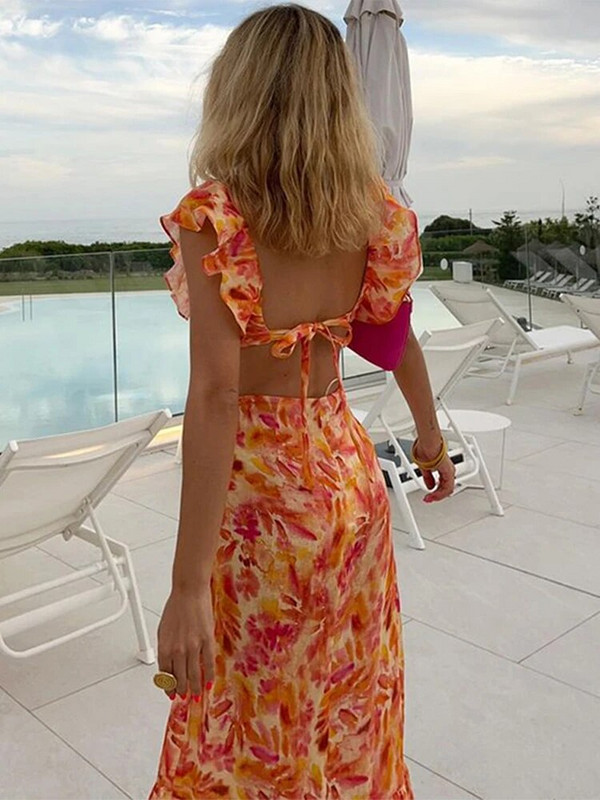 Szexi, háttámla nélküli nyomtatott női ruha pillangós ujjú, kivágott kötésű hosszú ruhák 2024 nyári vakáció fodros női strandköntös