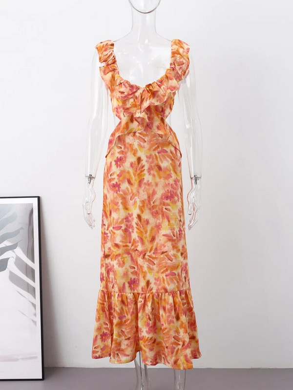 Szexi, háttámla nélküli nyomtatott női ruha pillangós ujjú, kivágott kötésű hosszú ruhák 2024 nyári vakáció fodros női strandköntös