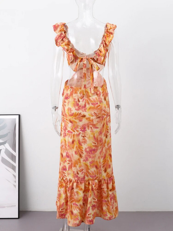 Szexi, háttámla nélküli nyomtatott női ruha pillangós ujjú, kivágott kötésű hosszú ruhák 2024 nyári vakáció fodros női strandköntös