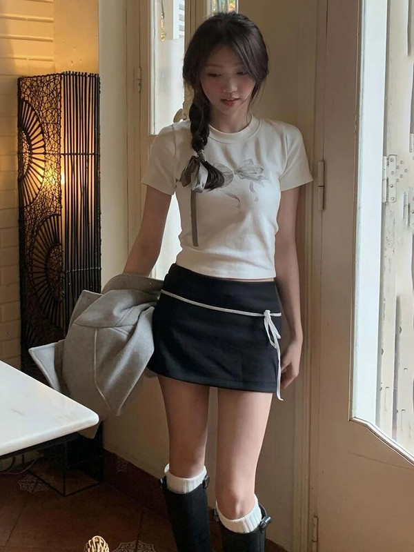 Mini suknje s šavovima Rockmore s mašnom i vrpcom Koketne kombinacije Niskog struka Elastične kratke suknje Y2K Aesthetic Fairycore Korean New