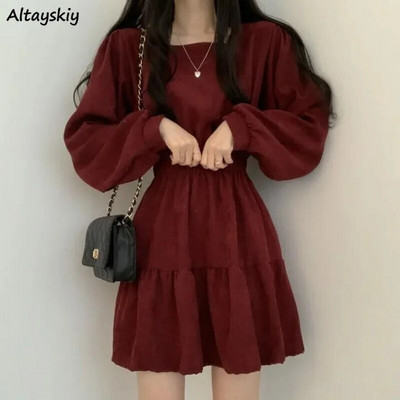 Sieviešu kleitas ar garām piedurknēm vienkrāsains kvadrātveida apkakle A-līnija, salds vintage dizains ar augstu vidukli Mini garums Mīksts šiks korejiešu elegants